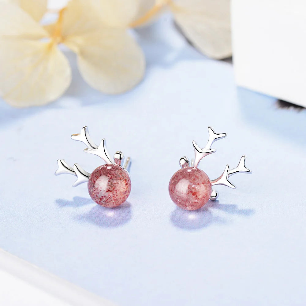 925 silver needle Sweet Cute Pink Deer Small Stud Earrings For Women Personality Strawberry Crystal Animal Present