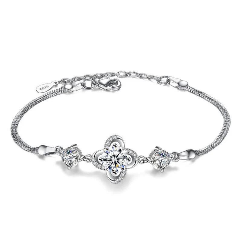 925 Sterling Silver Twist Flower Zirconia Bracelet For Women Gift Crystal Clover pulseira Silver 925 Jewelry S-B158