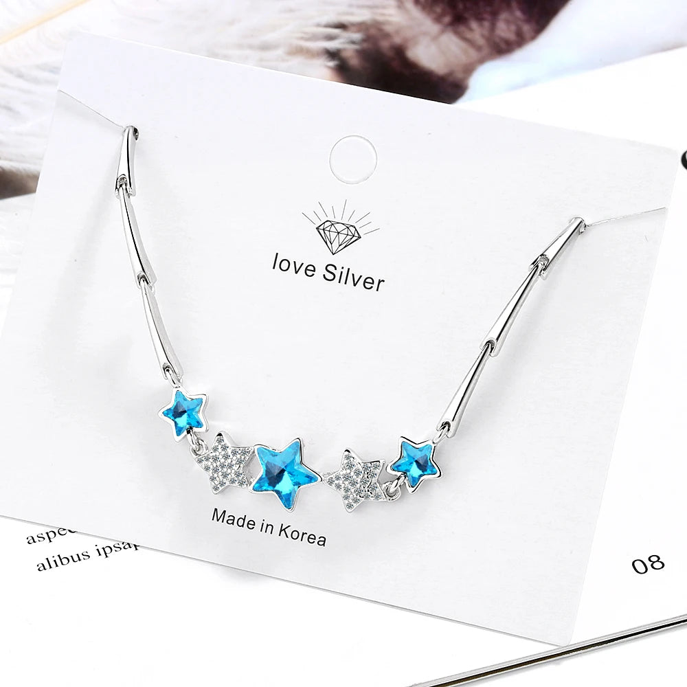 Delicate 925 Sterling Silver Blue Crystal luxury Zirconia Star Bracelets Pulseiras For Women Valentines Gift Wedding Jewelry