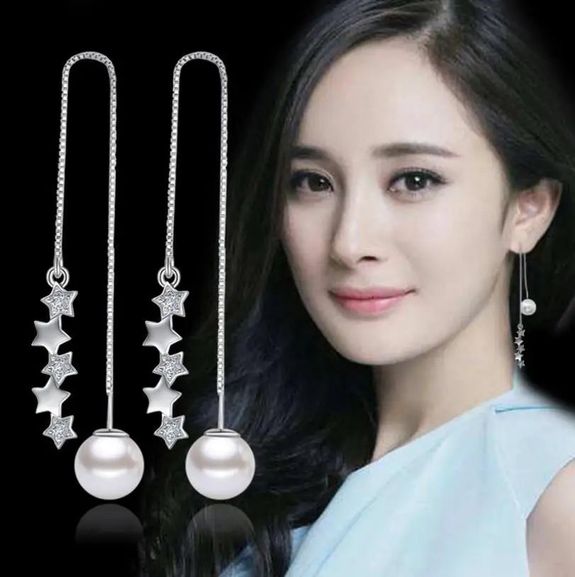 925 Sterling Silver Earrings 5 pcs Star Zirconia Simulated Pearl Long Tassel Earrings Ear Line pendientes brincos S-E270