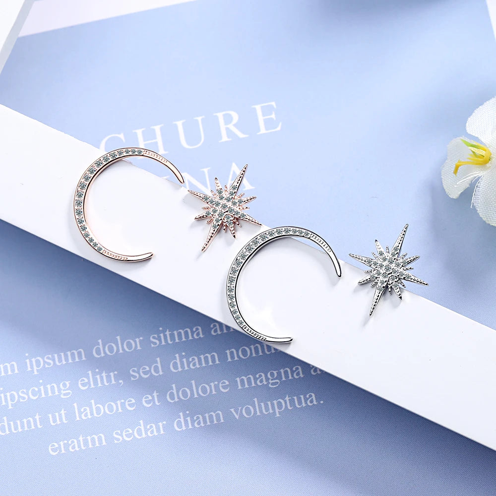 925 Sterling Silver Fashion Charm Earrings Asymmetric Stars Moon Earrings Women Earrings Wedding Banquet Gift For Girlfriend