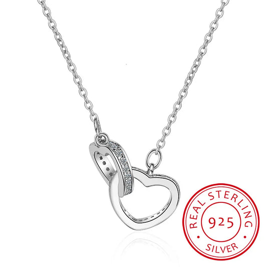925 Sterling Silver Double Heart Circle Cz Zirconia Pendants Necklaces For Women Gift Kolye Choker Chain Collares S-n69