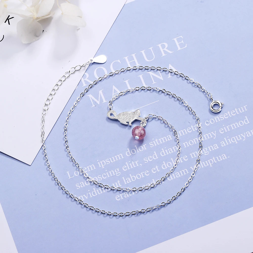 New Fashion Temperament Cute Animal Cat 925 Sterling Silver Jewelry Sweet Strawberry Crystal Cat Pendant Necklaces H343
