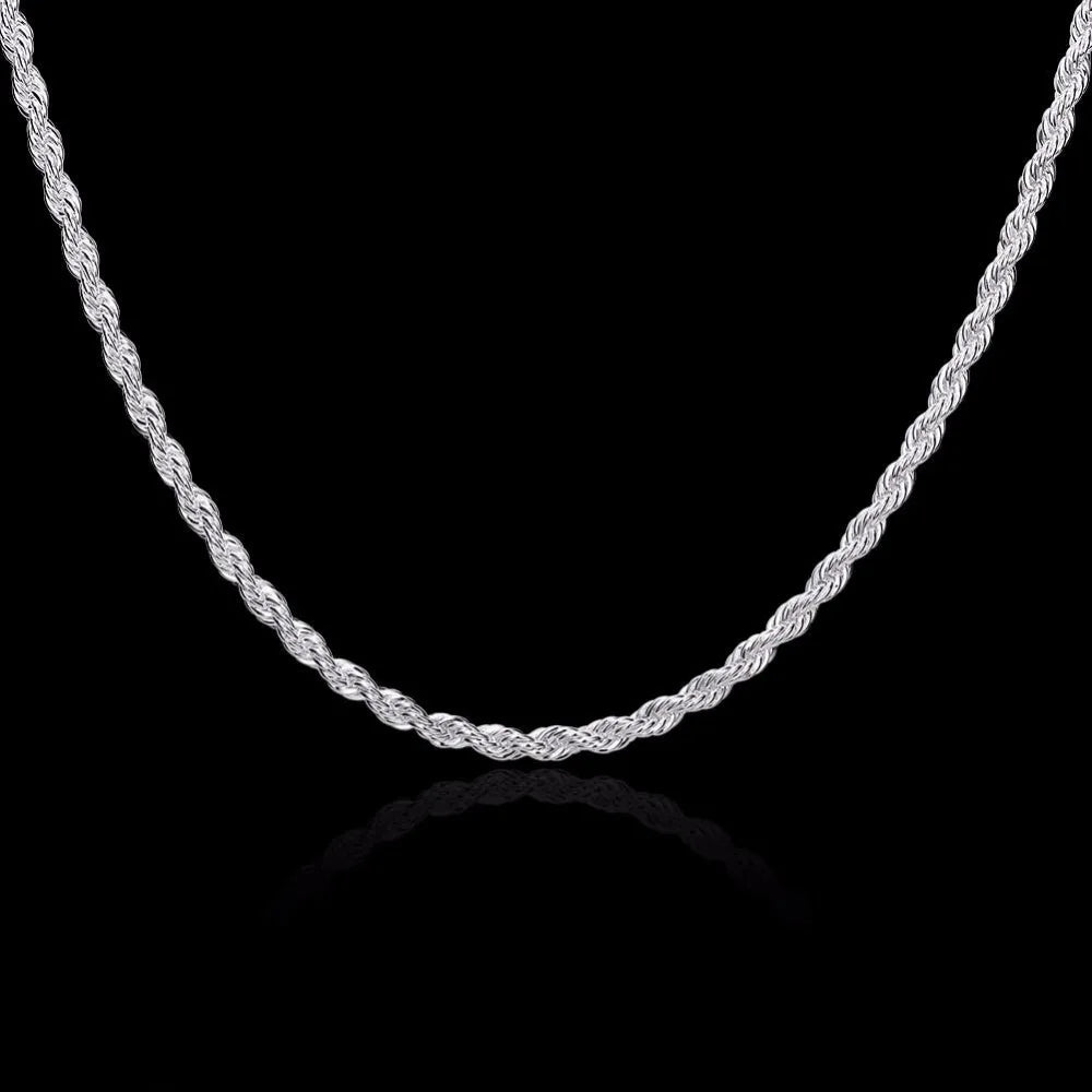 Men's Fine Jewelry 3mm Twisted Rope Chain Necklace Size 16'' 18'' 20'' 22'' 24'' 925 stamp silver color Charm Necklace Colar