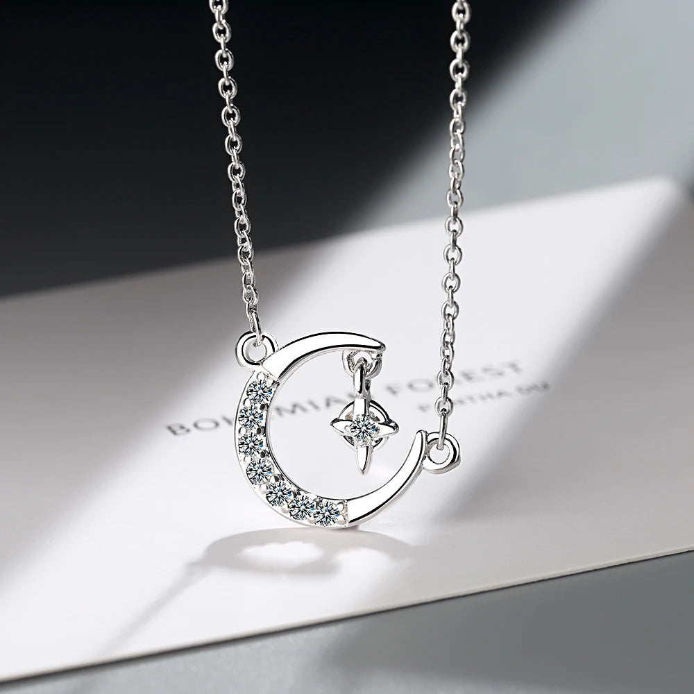 925 Sterling Silver Moon Stars Charm Pendant Necklace for Women Fashion Silver Necklace Choker collier for Lady