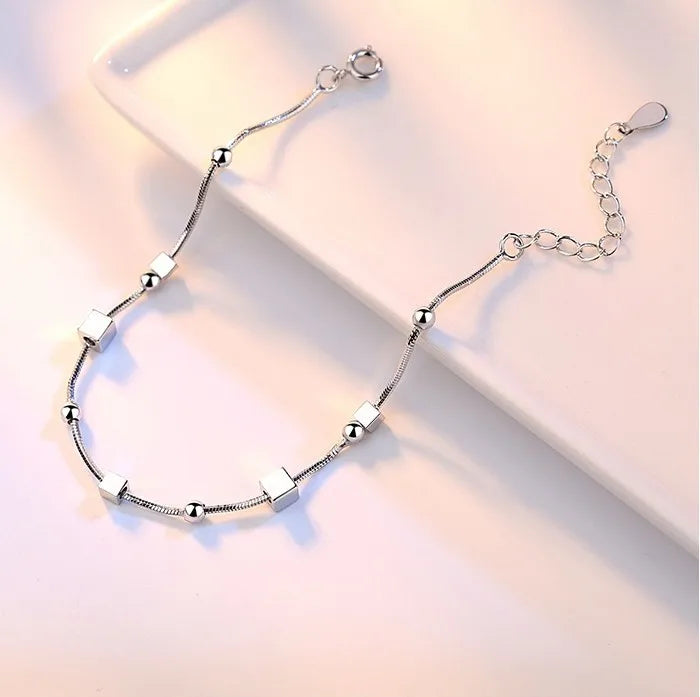 Lovely Star Cube Beads Charm Bracelets Sign 925 Silver Metal Double-deck Link Chain Female Models Women Jewelry Trinket Anklets