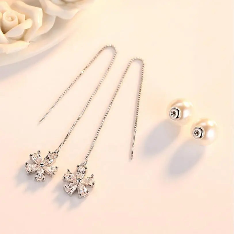 Simple Luxury 925 stamp silver color Earrings For Women Zirconia Ice Flower Pendant Pearl Long Tassel Earrings S-E531