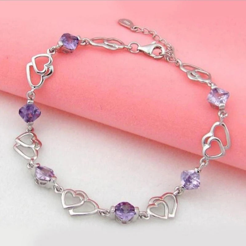 Hot Fashion 925 Sterling Silver Bracelet For Women Double Heart Zirconia Bracelet pulseira feminina Gift S-B149