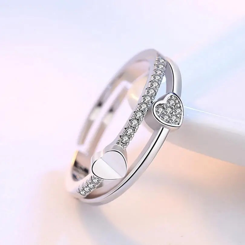 Luxury 925 Sterling Silver Wedding Ring For Women Double Heart Zirconia Opening Ring Valentine's Day Present S-R133
