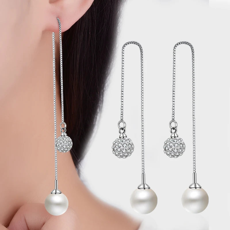 925 stamp silver color Pearl Earrings Rhinestone Crystal Ball Long Tassel Drop Earrings Brincos Pendientes For Women