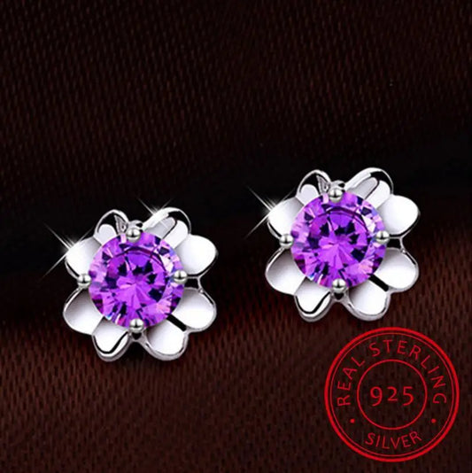 925 Sterling Silver White/Purple Zirconia Good Luck Clover Stud Earring For Women Gift pendientes oorbellen boucle d'oreille