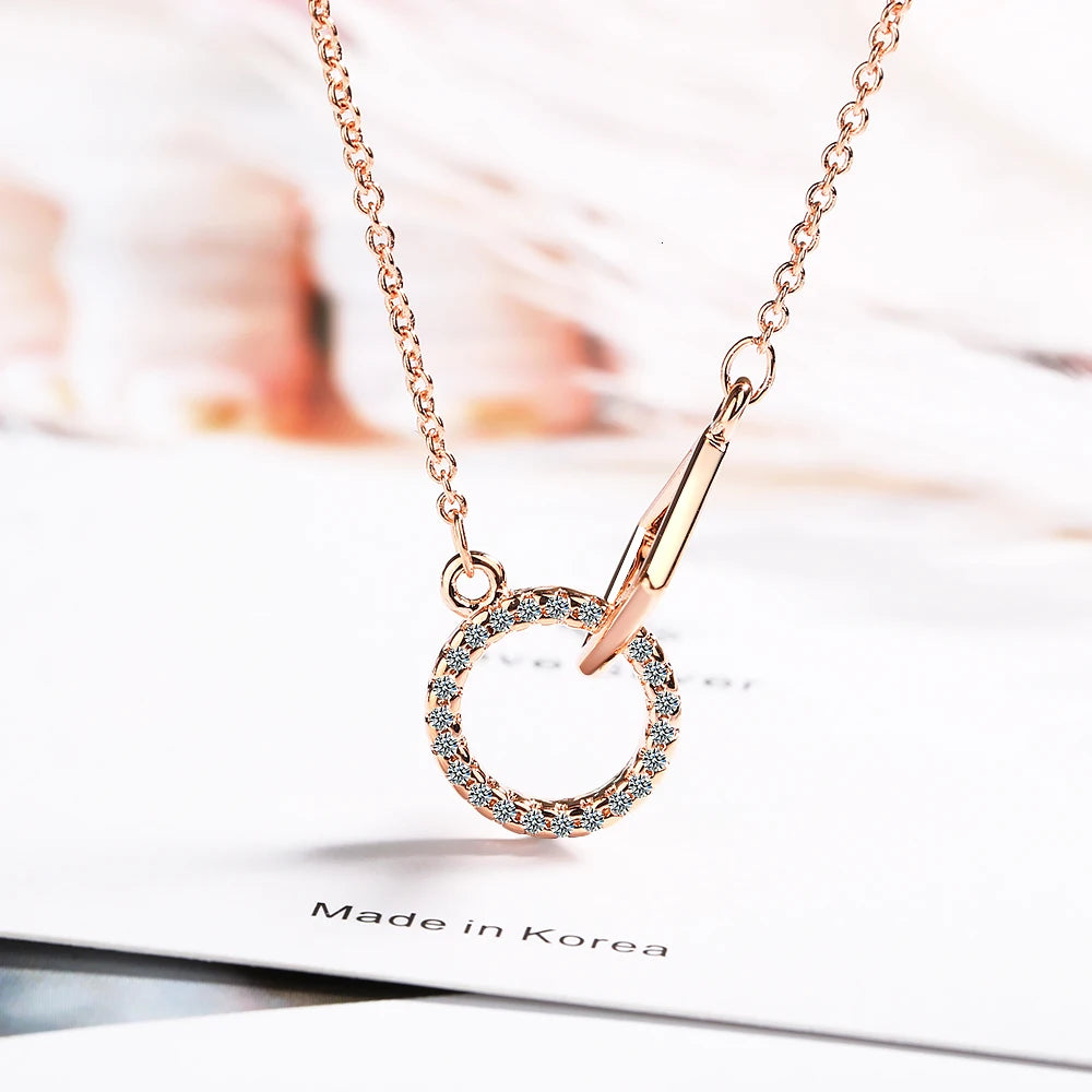 925 Sterling Silver Simple Sweet Strawberry Crystal Moon Pendant Necklace Round Korean Style Clavicle Chain For Women