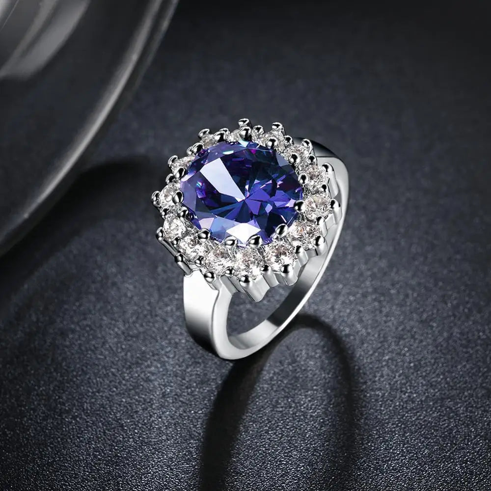 Princess Diana William Kate Gemstone Rings Sapphire Blue Wedding Engagement 925 Sterling Silver Finger Ring for Women