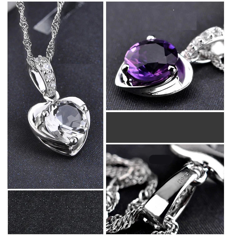 925 Sterling Silver White/Purple Zirconia Heart Shape Pendant Necklace For Women Gift 45cm Link Chain choker collares S-N132