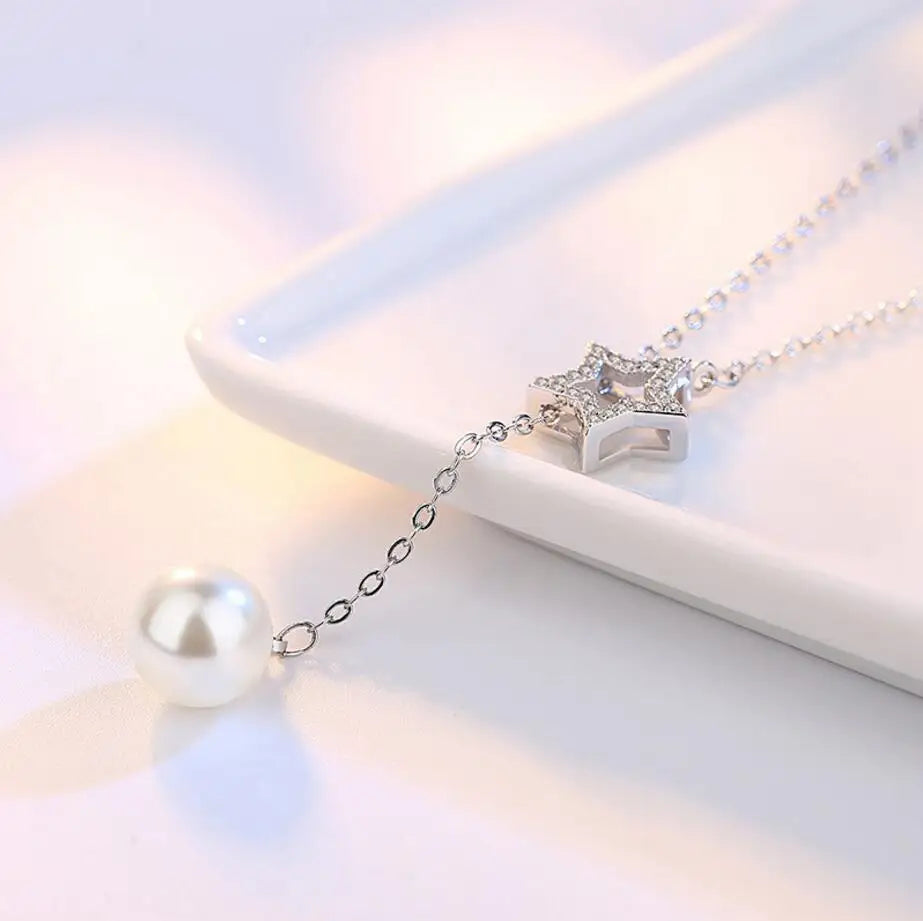 New Simple Fashion 925 Sterling Silver Cross Crystal Star Real Pearl Pendant Chian Necklace For Women choker S-N05