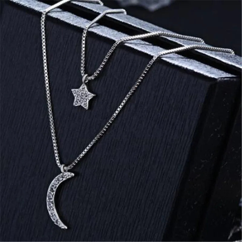 Double-layer Zirconia Moon Star 925 Sterling Silver Necklaces For Women Short Chain Choker De Prata Gift S-n389