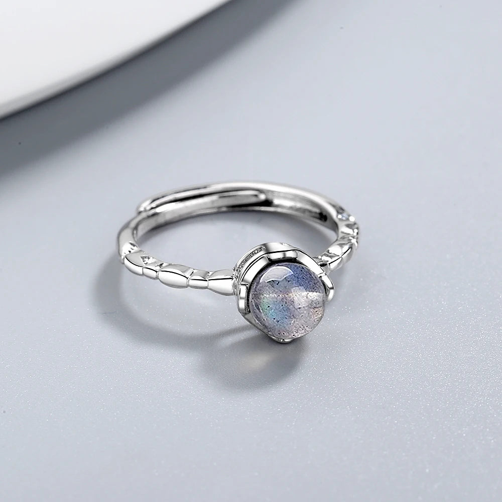 Real 925 Sterling Silver Minimalist Round Moonstone Adjustable Ring For Women Party Geometric Fine Jewelry 2019 Cute Gift