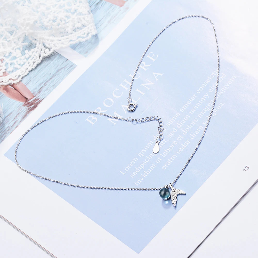 100% 925 Sterling Silver Blue Crystal Mermaid Tears Necklaces & Pendants For Women Trend Lady Fine  Jewelry