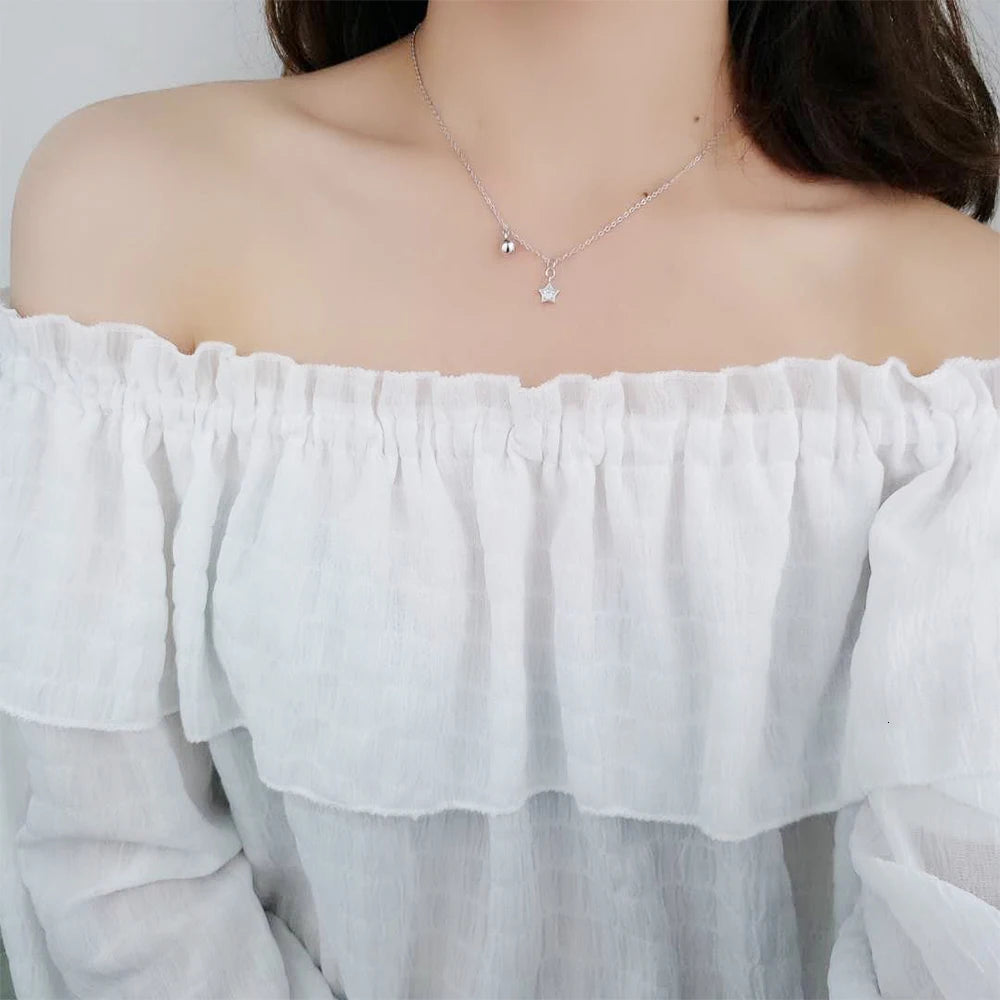 Star Bell Pendant Female Korean Style 925 Sterling Silver Jewelry Simple Creative Crystal Star Clavicle Chain Necklaces H356