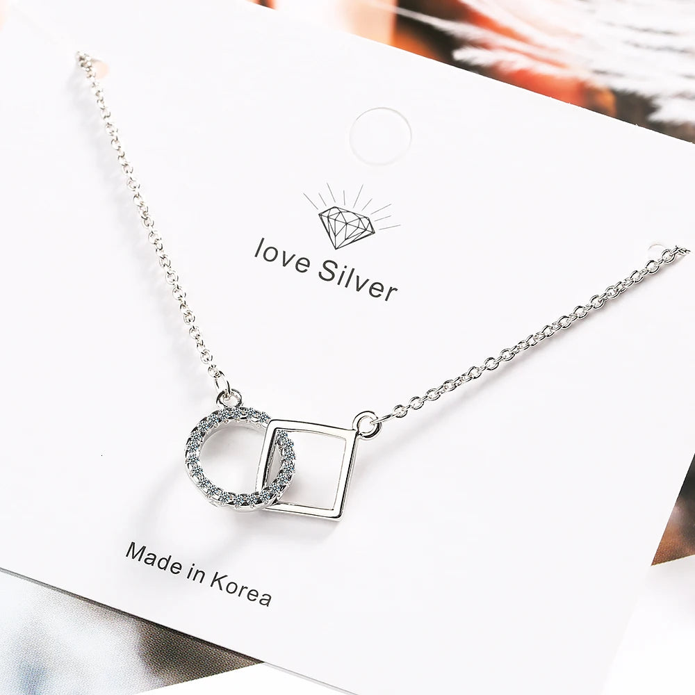 Square And Circle Interlock Clavicle Short Necklace 925 Sterling Silver Zirconia Necklace For Women Collares Erkek Kolye