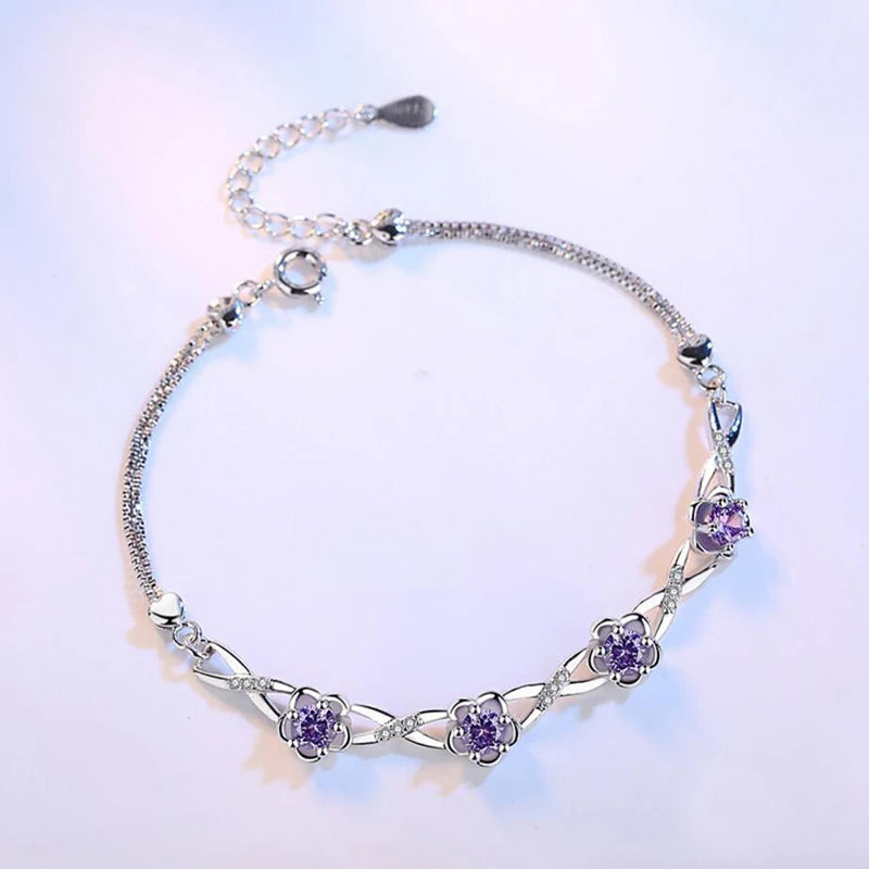 Luxury 925 Sterling Silver Bracelets Purple White Zirconia Plum Flower Bracelets & Bangles For Women pulseira de Prata S-B51