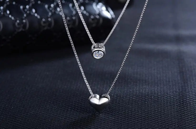 Wholesale Fine Jewelry 925 Sterling Silver Double Layers Collarbone Necklace Chain Cz Love-heart Pendant Necklace For Women