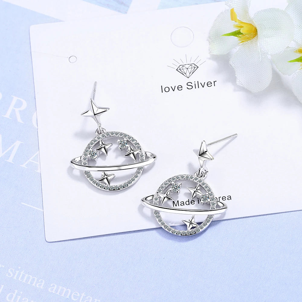 100% 925 silver needle Earrings Jewelry Women Fashion CZ Planet Stars Stud Earrings Gift For Girls Teens Lady DS1496