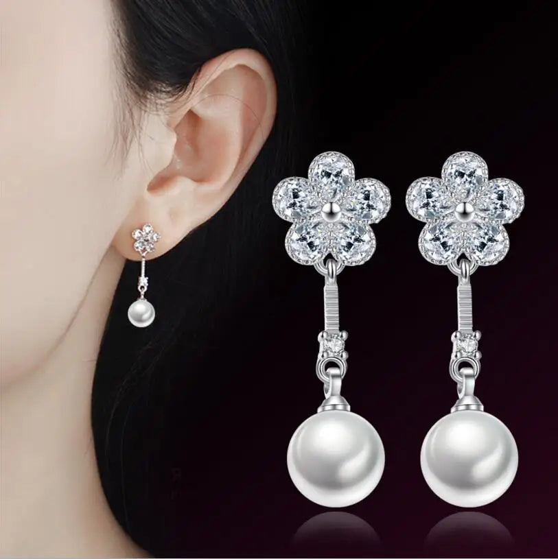 925 stamp silver color Earrings Crystal Plum Ice Flower Zirconia Pearl Drop Earrings For Women brincos de prata S-E252