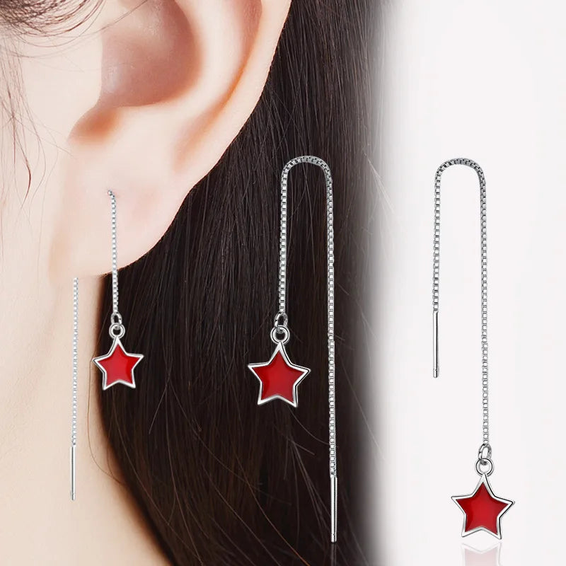 Real. 925 stamp silver color Pull Through Red Star Threader Earrings Long Tassels Sterling-silver-jewelry