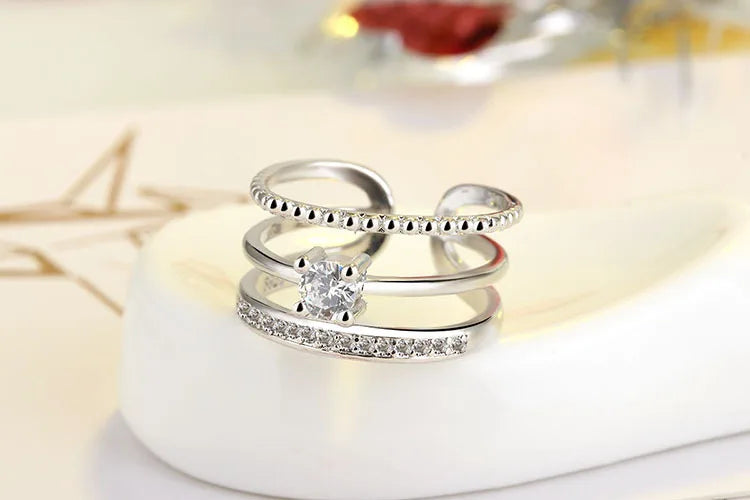 Trendy Korean Style 925 Sterling Silver Multi-layer Wedding Rings For Women Dazzling Zirconia Crystal Opening Ring S-R239