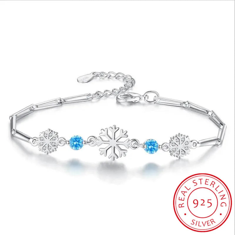 Hot Fashion 925 Sterling Silver Snowflake Bracelets & Bangles Blue/White Zirconia Shiny Crystal pulseira feminina Gift