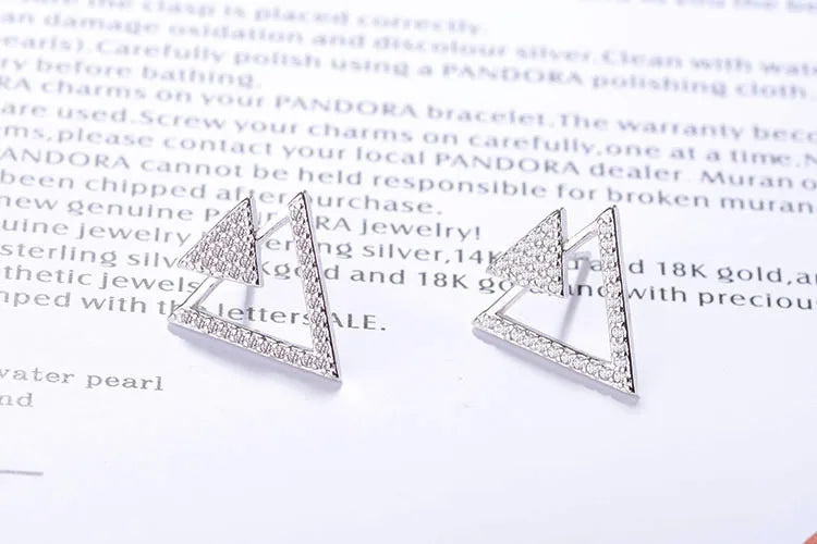 925 Sterling Silver Jewelry Shiny Zirconia Crystal Hollow Triangle Stud Earrings For Women pendientes Oorbellen S-E358