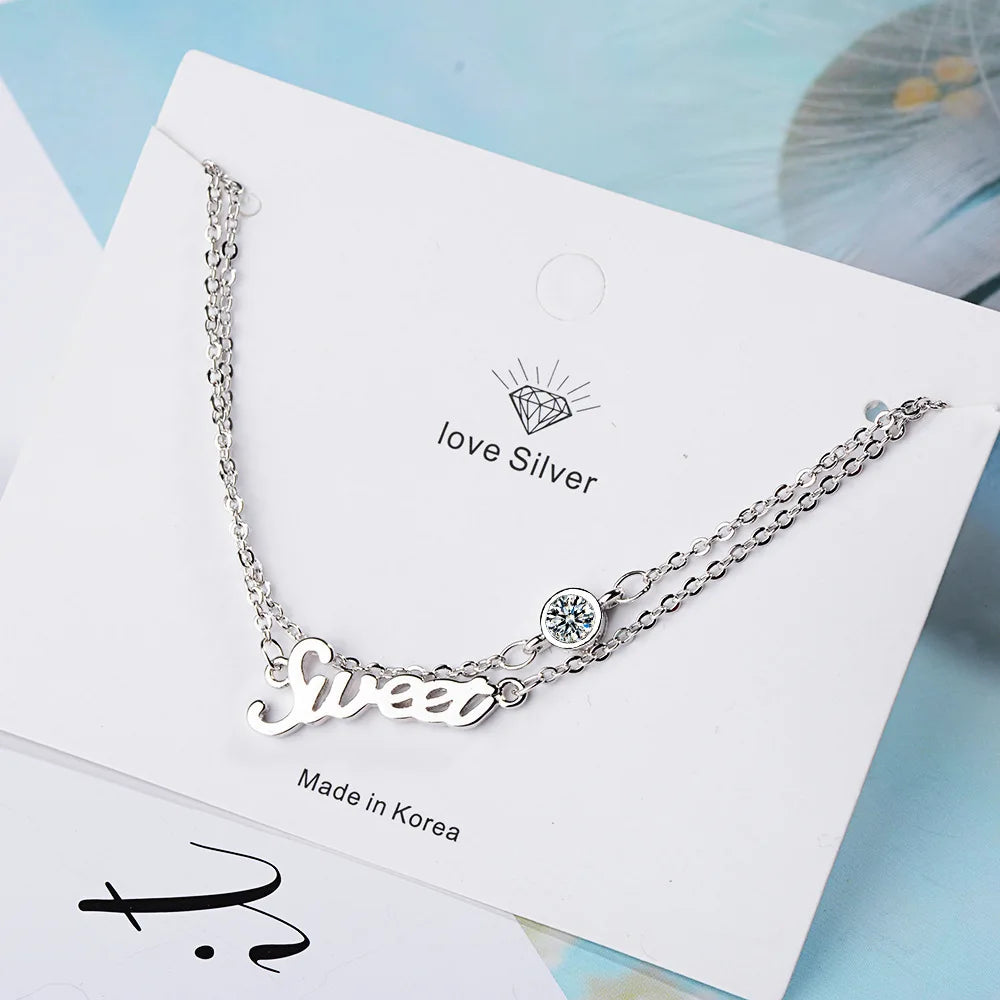 Lady's Minimalist REAL. 925 Sterling Silver Multi-Rows Double layers Sweet Letter Round Zirconia Chain Bracelet Slim Jewelry