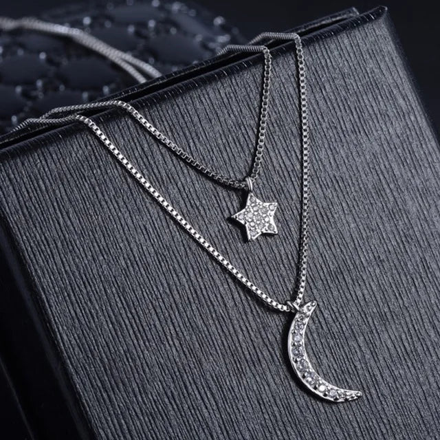 Double-layer Zirconia Moon Star 925 Sterling Silver Necklaces For Women Short Chain Choker De Prata Gift S-n389