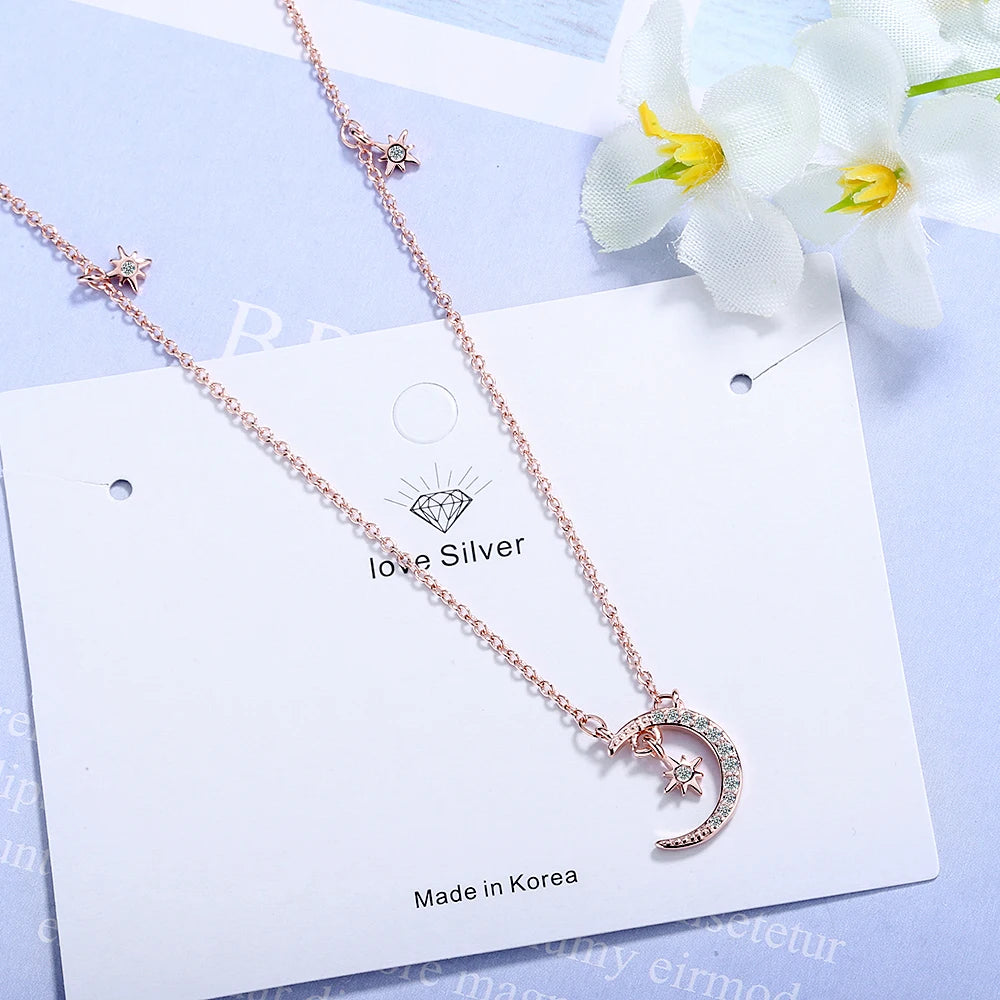 Sweet 925 Sterling Silver Dazzling Micro CZ Zirconia Moon Star Tassel Necklaces For Women choker collares Birthday Gift S-N454