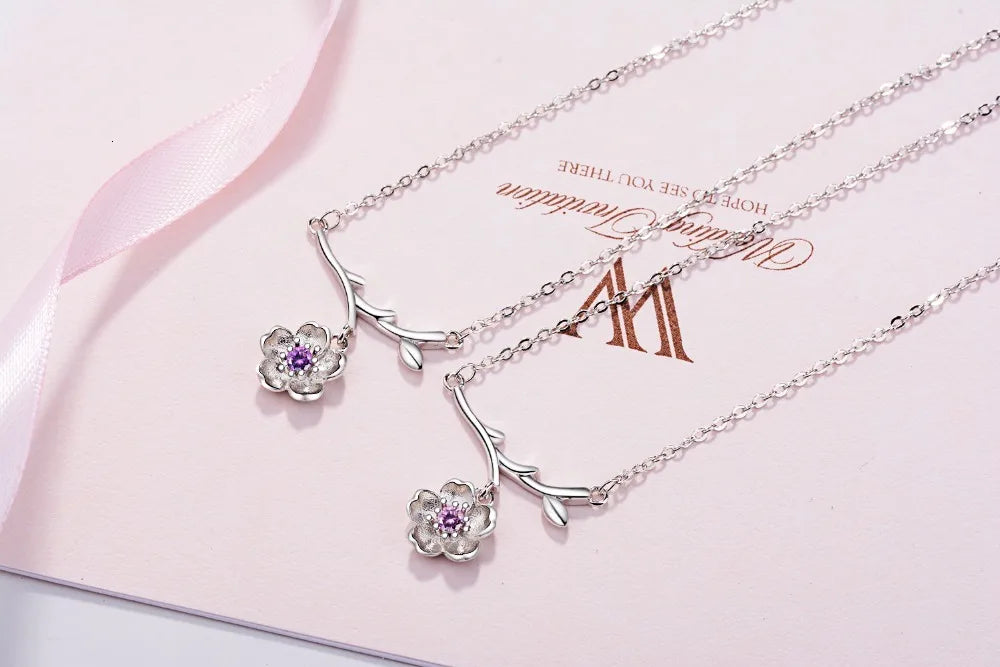 925 Sterling Silver Sakura Flower Necklaces & Pendants Cherry Blossoms With Chain Choker Necklace Jewelry Collar Colar