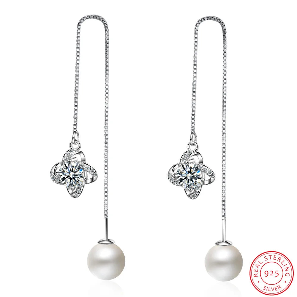 925 silver long Drop Earrings for women with round Pearl Jewelry silver zirconia Women Wedding Party wholesale gift