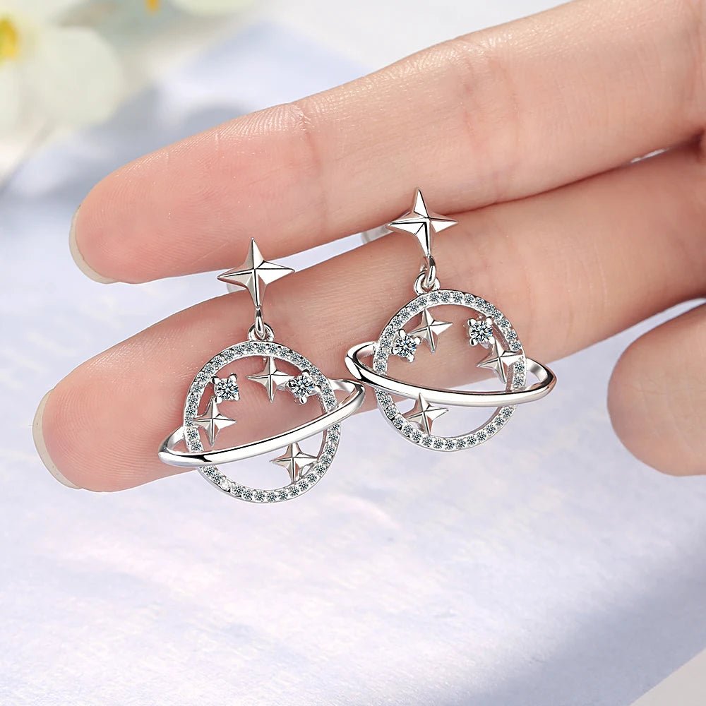 100% 925 silver needle Earrings Jewelry Women Fashion CZ Planet Stars Stud Earrings Gift For Girls Teens Lady DS1496