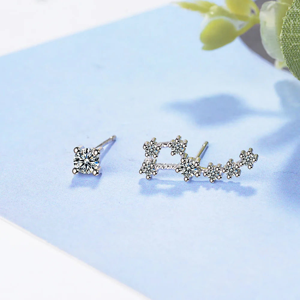 925 silver needle Cubic Zirconia Big Dipper Asymmetric Stud Earrings For Women Romantic Lady Fashion Jewelry