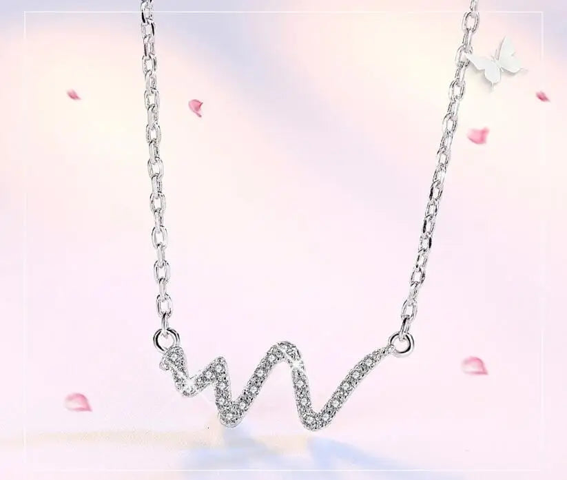 925 Sterling Silver Lightning Crystal Around Wave Heart Chic Ecg Heartbeat Pendant Chain Necklace Choker S-n06