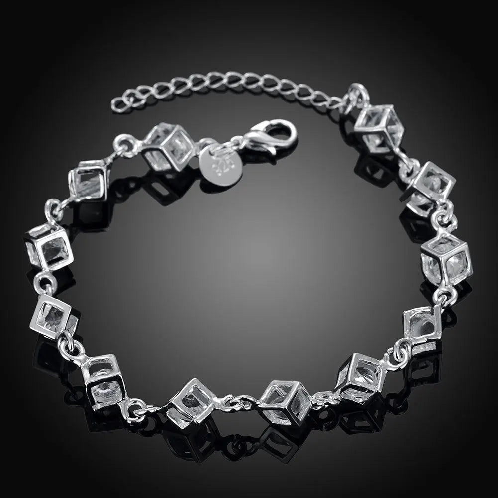 925 stamp silver color Charm Bracelet Luxury Crystal Zirconia Square Cube Box Bracelet Pulseiras For Women Gift S-B236