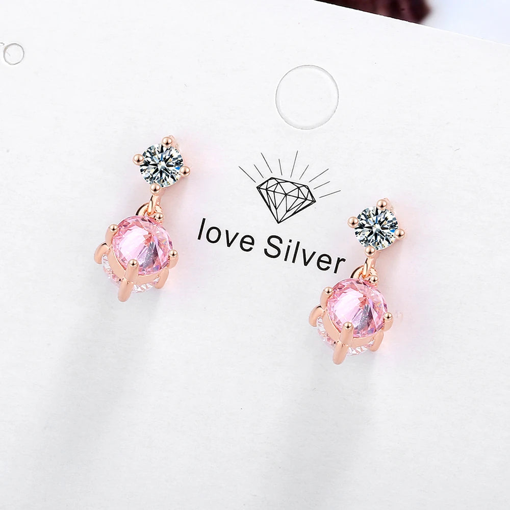 Real 925 Sterling Silver OL Style Round Zirconia Stud Earrings For Women Party Rose Gold Color Korean Wedding Jewelry Gift