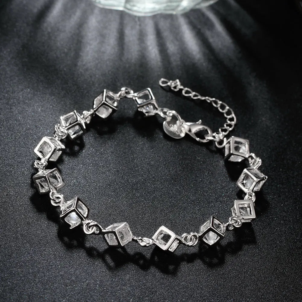 925 stamp silver color Charm Bracelet Luxury Crystal Zirconia Square Cube Box Bracelet Pulseiras For Women Gift S-B236