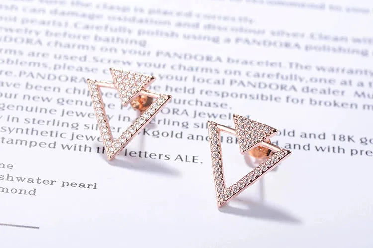 925 Sterling Silver Jewelry Shiny Zirconia Crystal Hollow Triangle Stud Earrings For Women pendientes Oorbellen S-E358