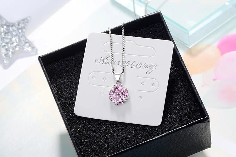 925 Sterling Silver Pink Cherry Blossoms Pendant Necklace For Women Romantic Flower Crystal Pendant Fine Jewelry Birthday Gift