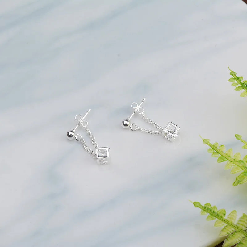 925 silver needle fashion shiny crystal cube square ladies`stud earrings female jewelry women Christmas gift drop shipping