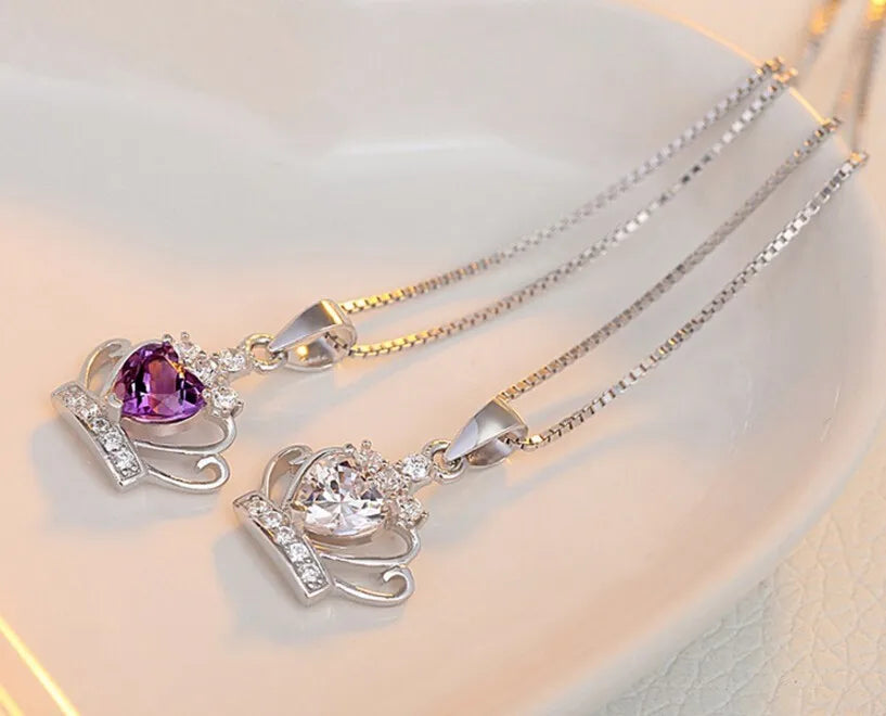 925 Sterling Sliver Necklace Queen Princess Crystal Crown Zirconia Heart Pendant Necklace For Women 45cm Chain S-N98