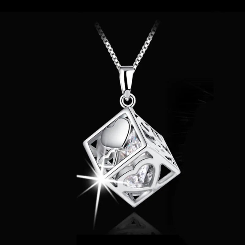 925 Sterling Sliver Love Heart Zirconia Hollow Magic Cube Pendant Necklace For Women 45cm Link Chain S-N93