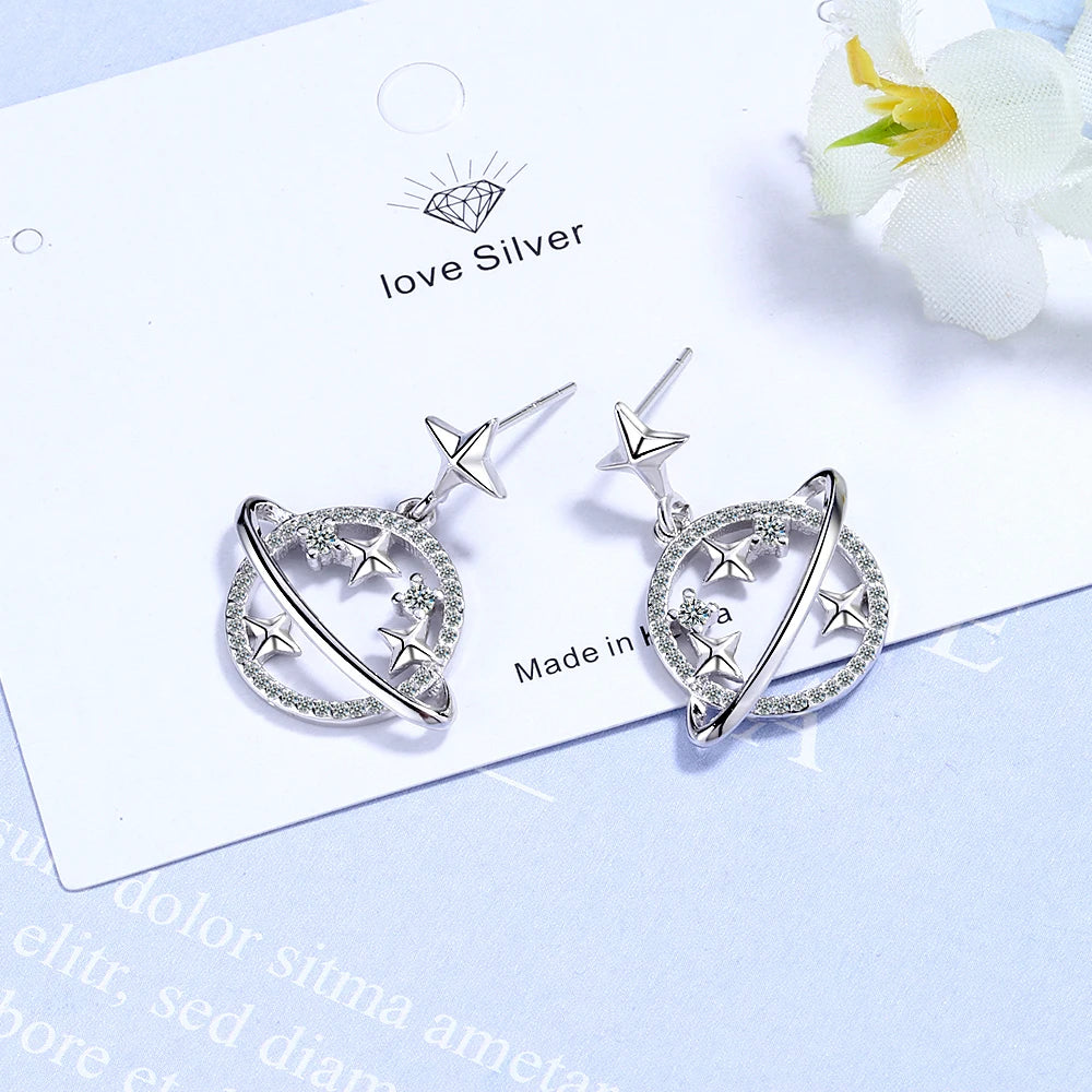 100% 925 silver needle Earrings Jewelry Women Fashion CZ Planet Stars Stud Earrings Gift For Girls Teens Lady DS1496