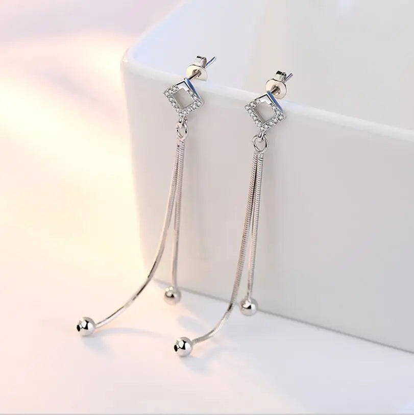 Simple Fashion 925 stamp silver color brincos Hollow Crystal Square Long Tassel Drop Earrings For Women S-E224